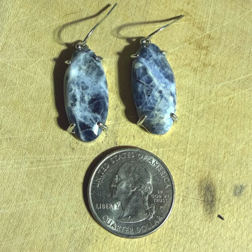 VTG Sodalite Stone Oval Cabochon Drop Earrings Blue Silver Tone Cottagecore Gift